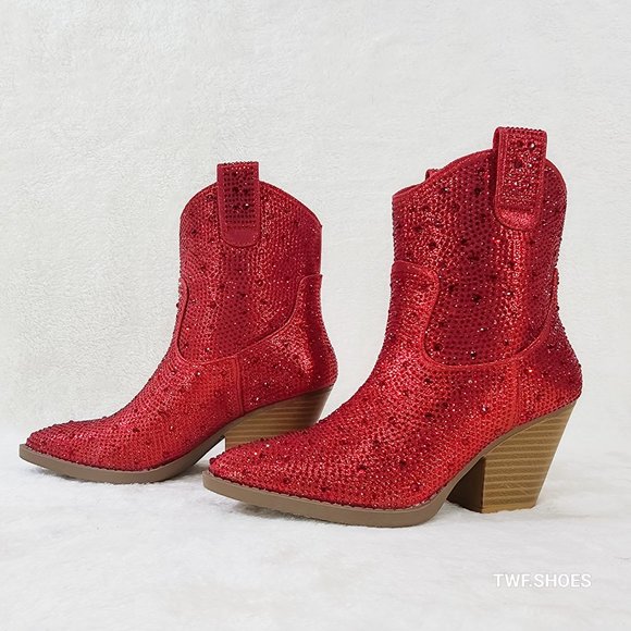 Dolly Red Rhinestone Glitter Disco Cowgirl Country Western Ankle Boots - Picture 1 of 11